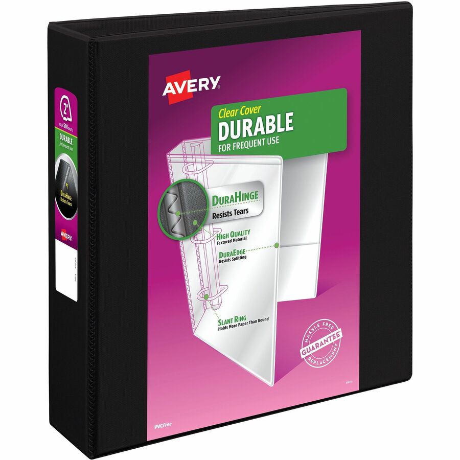 Avery® Durable View Binder, 2" Slant Rings, 500-Sheet Capacity, DuraHinge™, Black (17031)