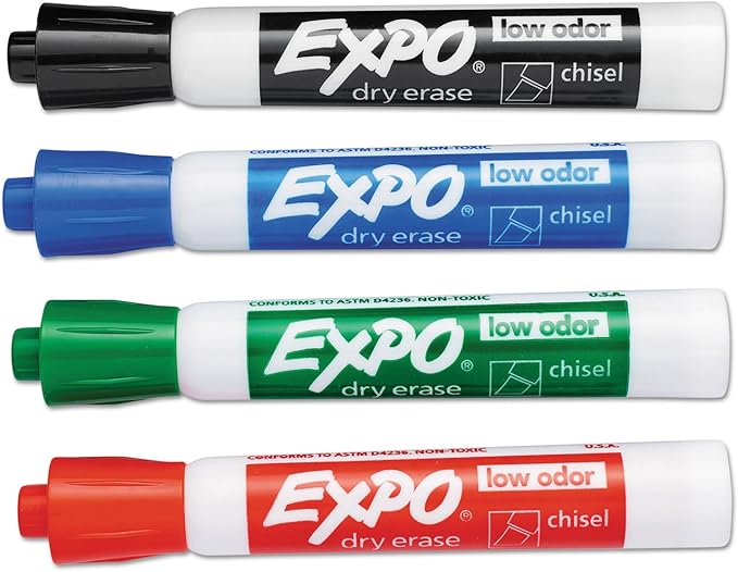 Expo Dry Erase Markers, 4 Pack, Low Odor Ink, Black, Red, Blue, Green (80074)