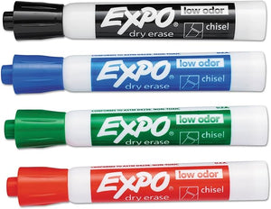 Expo Dry Erase Markers, 4 Pack, Low Odor Ink, Black, Red, Blue, Green (80074)