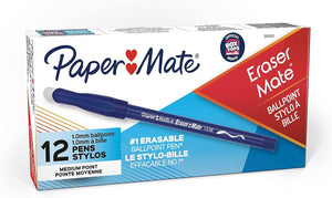 Paper Mate Eraser Mate Ballpoint Erasable Pens, 12 Pack, Medium - Blue Ink (3910158)