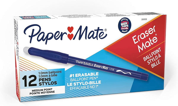 Paper Mate Eraser Mate Ballpoint Erasable Pens, 12 Pack, Medium - Blue Ink (3910158)