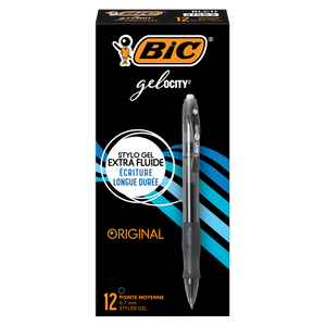 BIC Gelocity Original Black Gel Pens, Medium Point (0.7mm), 12 Pack, Retractable with Comfort Grip (RLC11)