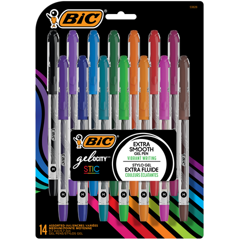 BIC Gel-ocity Smooth Stic Gel Pen, Medium Point (0.7mm), 14 Count, Assorted Colors (53828)