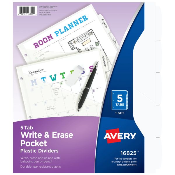 Avery Write & Erase Pocket Plastic Dividers, 5 Tab (AVE 16825)