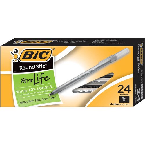 BIC Round Stic Xtra Life Ball Pens, Medium Point (1.0 mm), Black, 24-Count (19713)