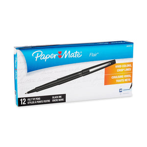 Paper Mate Flair Felt Tip Pens, Set of 12, Black Ink, Med Point (8430152)